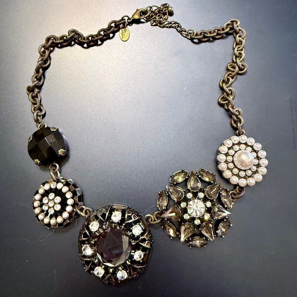 Vintage Lia Sophia Brass Tone Crystal Pearl Bib Necklace